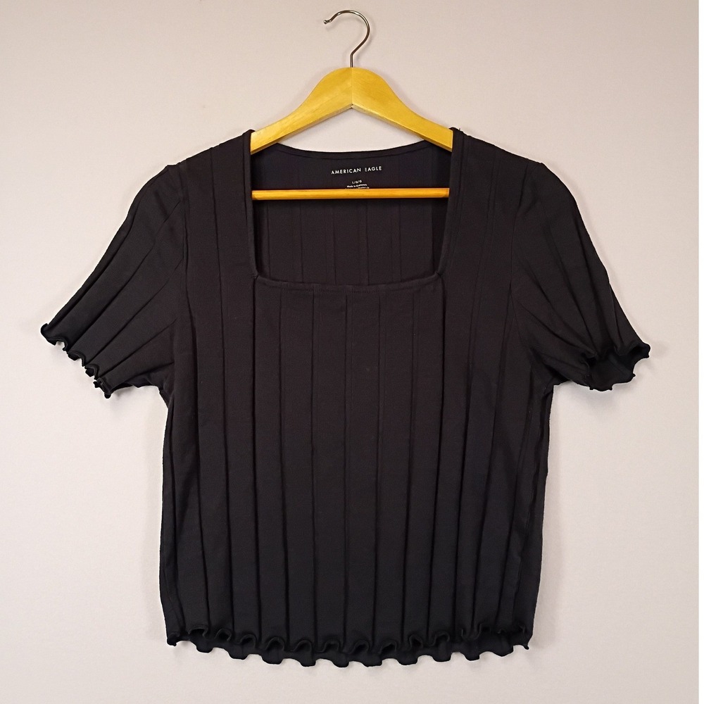 Coquette American Eagle Womens Large Black Square Neck Lettuce Trim Ribbed Top
